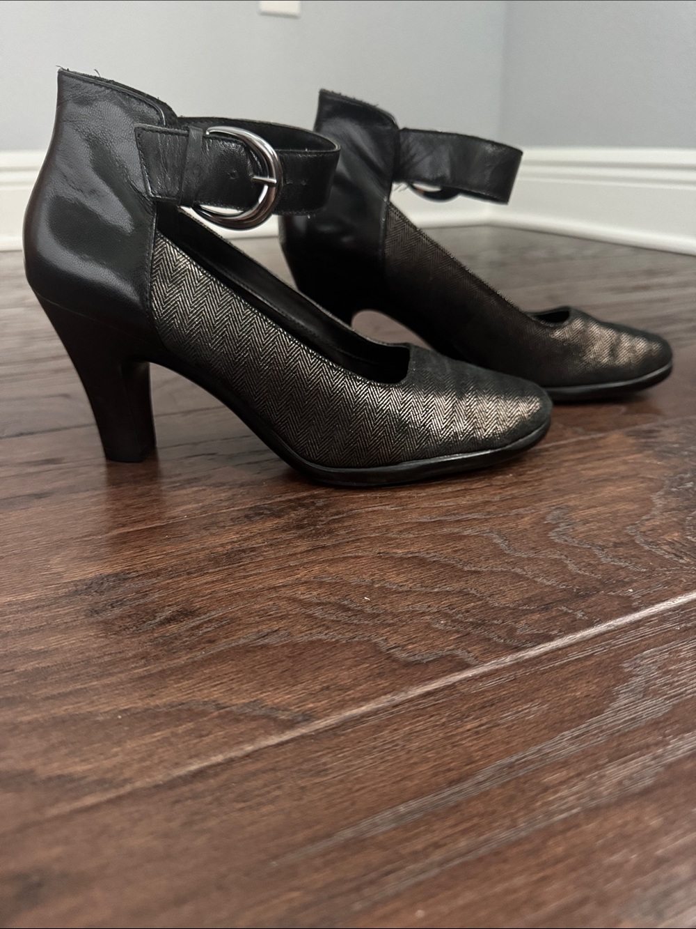 AEROSOLES Black and Metallic Herringbone Ankle-Strap Heels